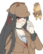 .osari 1girl adjusting_eyewear alternate_costume artist_name bespectacled black_choker black_hair brown_hat brown_jacket capybara chisa_(wuthering_waves) choker collarbone detective disguise glasses hair_ribbon hand_up hat highres jacket long_hair looking_at_viewer red_eyes red_ribbon ribbon round_eyewear sailor_collar simple_background solo white_background white_sailor_collar wuthering_waves rating:s score:3 post #10174448
