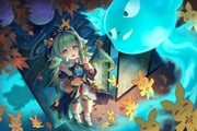 1girl ahoge artist_logo autumn_leaves black_hat blue_shoes bow_legwear detached_sleeves dianzi dress falling_leaves flag folding_screen from_above green_dress green_eyes green_hair hashtag-only_commentary hat holding holding_flag honkai:_star_rail honkai_(series) huohuo_(honkai:_star_rail) leaf logo long_hair looking_at_another loose_socks open_mouth paw-shaped_pupils pennant shoes socks solo symbol-shaped_pupils tassel white_socks yuelycia rating:g score:9 post #9756873