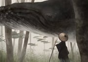 1other ajirogasa black_robe commentary_request fish flying_fish flying_whale fog forest grass hat holding holding_staff illustrator_kota nature original outdoors priest robe school_of_fish shakujou solo staff standing tree whale rating:g score:0 post #10137902