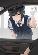 1boy 1girl absurdres armpit_hair armpit_hair_peek armpit_peek belt blue_necktie blue_pants blue_vest brown_eyes brown_hair car_interior closed_mouth collared_shirt commentary_request female_service_cap frown fuku_(fuku12290574) gloves hand_up hat highres japan_national_police knocking leaning_forward load_bearing_vest looking_at_viewer mole mole_under_eye necktie original pants pocket police police_hat police_uniform policewoman pov shirt short_hair short_sleeves sidelocks solo_focus v-shaped_eyebrows vest white_gloves white_shirt rating:s score:6 post #10069199