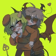 1boy 1girl ahoge blush brown_hair brown_wings collar colored_skin cowboy_shot deliriumcenter demon_boy demon_girl demon_horns demon_tail demon_wings ear_piercing emalf_(funamusea) fang flying_sweatdrops funamusea glasses green_background green_hair haiiro_teien hair_between_eyes hashtag-only_commentary hat heart highres horn_piercing horns hug hug_from_behind jacket jewelry long_sleeves open_mouth piercing rectangular_eyewear red_eyes red_sweater semi-rimless_eyewear shirt short_hair simple_background single_horn smile spiked_collar spikes sunglasses sweater tail under-rim_eyewear white_shirt white_skin wing_piercing wings yosafire_(funamusea) rating:g score:0 post #10175085