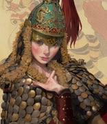 1girl armor black_hair blush bracer brown_eyes closed_mouth english_commentary fur_trim gold_trim hand_on_own_chest helmet highres joseon_dynasty korean_armor looking_at_viewer original plume sangsoo_jeong scale_armor simple_background solo upper_body rating:g score:6 post #9718358