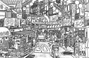 absurdly_detailed_composition absurdres car chinese_commentary commentary_request greyscale highres lineart monochrome motor_vehicle motorcycle on_motorcycle original outdoors people power_lines road shop shopping_district sign slice_of_life street traditional_media translation_request urban yamaguti rating:g score:0 post #10167407