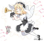 1girl angel_day angel_wings animal animal_ears apron artist_name beamed_eighth_notes black_hairband black_shoes black_skirt blonde_hair blush center_frills closed_eyes commentary_request eighth_note fake_animal_ears feathered_wings fleur_de_lapin_uniform floppy_ears frilled_apron frilled_hairband frilled_shirt frills full_body gochuumon_wa_usagi_desu_ka? hairband holding holding_instrument hunting_horn instrument kirima_syaro lolita_hairband mary_janes miniskirt mitya mouth_hold music musical_note playing_instrument puffy_short_sleeves puffy_sleeves quarter_note rabbit rabbit_ears scar scar_across_eye scar_on_face shirt shoes short_hair short_sleeves simple_background skirt stalk_in_mouth thighhighs twitter_username underbust waist_apron watermark white_apron white_background white_shirt white_thighhighs white_wings wild_geese wings wrist_cuffs rating:g score:4 post #10062583