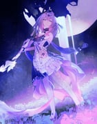 1girl absurdres bare_shoulders black_choker black_tiara bow braid breasts castorice_(honkai:_star_rail) choker dress elbow_gloves flower gloves hair_bow hair_flower hair_ornament high_heels highres holding holding_scythe honkai:_star_rail honkai_(series) hypnospace long_hair looking_at_viewer looking_down moon night night_sky original purple_eyes purple_gloves purple_hair ribbon scythe sky solo tiara twintails very_long_hair white_bow white_dress rating:g score:3 post #10176867