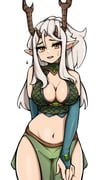 1girl bare_shoulders blue_bridal_gauntlets breasts bridal_gauntlets cleavage commentary commission cowboy_shot dress english_commentary extra_horns eyeliner green_dress green_eyeliner green_skirt highres horns large_breasts looking_at_viewer makeup midriff navel oninuer open_mouth orange_eyes original pelvic_curtain pointy_ears simple_background skirt solo sweat white_background white_hair rating:s score:3 post #10174755