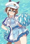 1girl animal_ears belt blue_belt blue_dress blue_eyes blush cheerleader cheval_grand_(umamusume) closed_mouth commentary_request cowboy_shot double-parted_bangs dress dutch_angle ears_through_headwear hair_between_eyes hat holding holding_pom_poms horse_ears horse_girl horse_tail looking_at_viewer mauve multicolored_hair pom_pom_(cheerleading) sailor_hat shirt short_hair_with_long_locks short_sleeves solo streaked_hair tail umamusume white_hat white_shirt rating:g score:7 post #10170683