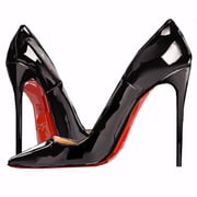 black_theme christian_louboutin_(brand) close-up colored_shoe_soles commentary commission english_commentary footwear_focus from_side high_heels highres junbuug no_humans original painterly shoes simple_background still_life white_background rating:g score:8 post #9863451