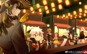2girls 5boys a'gen_(the_legend_of_luoxiaohei) aak_(arknights) absurdres arknights bead_bracelet beads black_dress black_shirt bracelet cat_boy commentary_request dog_boy dragon_boy dress furry furry_female furry_male gloves green_eyes green_hair grin heixiu highres hung_(arknights) jewelry lantern lee_(arknights) long_hair luo_xiaobai luo_xiaohei luo_xiaohei_(human) luo_xiaohei_zhanji multiple_boys multiple_girls night outdoors paper_lantern pointing pointing_at_another round_eyewear shabi96522 shirt single_glove smile tail tiger_girl tiger_tail waai_fu_(arknights) yellow_dress yellow_gloves rating:g score:4 post #9917696