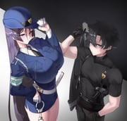 1boy 1girl absurdres blue_eyes breasts cuffs fate/grand_order fate_(series) female_service_cap fujimaru_ritsuka_(male) hat height_difference highres long_hair mature_female minamoto_no_raikou_(fate) muscular police police_hat police_uniform policewoman purple_eyes purple_hair skin_tight slob_slime tall_female very_long_hair rating:s score:37 post #10145404