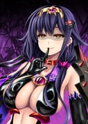 1girl absurdres ahoge alternate_costume breasts cleavage collar commentary_request corruption dark_persona ear_piercing earrings elbow_gloves finger_to_mouth flight_deck gloves hair_ornament hairband hairclip highres jewelry kantai_collection large_breasts low_twintails militia_minpei navel piercing purple_hair rigging rust ryuuhou_(kancolle) smile solo taigei_(kancolle) twintails upper_body yellow_eyes rating:s score:8 post #9886019