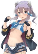 1girl absurdres bikini black_gloves black_jacket black_shorts blue_bow blue_eyes blue_neckerchief blue_sailor_collar bow breasts commentary_request cowboy_shot fingerless_gloves gloves hair_bow hands_up highres jacket kantai_collection langley_(kancolle) langley_(swimsuit)_(kancolle) looking_at_viewer medium_hair navel neckerchief off_shoulder open_mouth purple_hair sailor_bikini sailor_collar shorts simple_background small_breasts solo sukimizaki swimsuit torn_clothes torn_shorts white_background rating:s score:13 post #9858693
