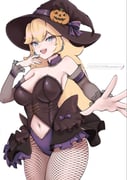 1girl blonde_hair blue_eyes breasts clothing_cutout detached_collar detached_sleeves earrings fishnet_pantyhose fishnets hat highres jewelry large_breasts leotard long_hair looking_at_viewer mario_(series) mourderousx multicolored_leotard navel_cutout open_mouth pantyhose princess_peach showgirl_skirt solo sphere_earrings strapless strapless_leotard two-tone_leotard white_background witch witch_hat rating:s score:6 post #10172806