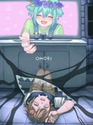 2boys absurdres basil_(faraway)_(omori) basil_(headspace)_(omori) basil_(omori) bathroom blonde_hair blue_eyes blue_overalls blush brown_shorts closed_eyes collared_shirt copyright_name double-parted_bangs faucet flower flower_wreath green_hair green_shirt green_sweater_vest hair_between_eyes hair_flower hair_ornament head_wreath highres indoors kmyq4knnni5257 lower_teeth_only lying mirror multiple_boys omori on_back open_mouth overalls shirt short_sleeves shorts sidelocks sink smile something_(omori) sweat sweater_vest t-shirt teeth tongue white_shirt window rating:g score:0 post #10175397
