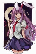 1girl animal_ears black_background blue_skirt blunt_bangs border closed_mouth commentary cowboy_shot crescent_moon floating_clothes floating_hair highres light_frown long_hair moon necktie notice_lines pleated_skirt pointing pointing_up puffy_short_sleeves puffy_sleeves purple_hair rabbit_ears rabbit_girl red_eyes red_necktie red_ribbon reisen_udongein_inaba ribbon ribbon-trimmed_sleeves ribbon_trim shirt short_sleeves skirt solo symbol-only_commentary thighhighs touhou vanilla_flan very_long_hair white_border white_shirt white_thighhighs zettai_ryouiki rating:g score:3 post #10173582