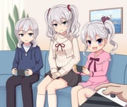 1boy 1other 2girls black_skirt blue_eyes dress grey_hair handheld_game_console holding holding_handheld_game_console if_they_mated indoors kantai_collection kashima_(kancolle) long_hair looking_at_viewer medium_hair multiple_girls nintendo_switch ootori_(kyoya-ohtori) pink_dress side_ponytail sitting skirt socks sweater twintails white_socks white_sweater rating:g score:10 post #10171464