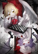 2girls absurdres bat_wings blonde_hair board_game bow brooch brown_vest center_frills chess chess_piece chessboard commentary fang feathered_wings frilled_hat frilled_sleeves frills gengetsu_(touhou) hair_bow hat hat_ribbon head_tilt highres in-franchise_crossover jewelry long_sleeves mob_cap multiple_girls pawn_(chess) playing_chess puffy_long_sleeves puffy_sleeves purple_hair queen_(chess) red_bow red_eyes red_ribbon remilia_scarlet ribbon rokuya_(68_zusao) rook_(chess) shirt short_hair sitting smile touhou touhou_(pc-98) trait_connection upper_body vest white_hat white_shirt white_wings wings yellow_eyes rating:g score:2 post #10175977