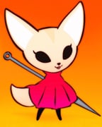 :3 :d aggressive_retsuko animal_ears black_bodysuit black_eyes bodysuit cape chibi chibi_only commentary cosplay empty_eyes english_commentary eyelashes fenneko fox_ears fox_girl fox_tail full_body furry furry_female gradient_background highres holding holding_weapon hollow_knight hornet_(hollow_knight) hornet_(hollow_knight)_(cosplay) ilya_kuvshinov needle_(hollow_knight) no_mask open_mouth orange_background red_cape smile standing tail weapon rating:g score:16 post #9967251