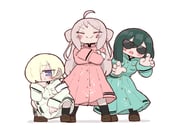 3girls =_= ahoge armband asymmetrical_bangs banchou black_socks blonde_hair blush bob_cut brown_shoes buttons chibi chibi_only claw_pose closed_eyes coat coat_dress commentary_request crossed_arms delinquent dress fang full_body gakuran gold_buttons green_coat green_dress green_hair hair_over_one_eye loafers long_coat long_dress long_hair love_live! love_live!_nijigasaki_high_school_idol_club medium_hair mia_taylor mifune_shioriko multiple_girls official_alternate_costume ouendan pink_coat pink_dress pink_hair purple_eyes ryouran!_victory_road_(love_live!) school_uniform shiokara_(ganba_rubys) shoes short_hair sidelocks skin_fang socks squatting sunglasses two_side_up white_armband white_coat white_dress zhong_lanzhu rating:g score:3 post #9332294