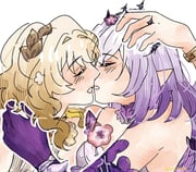 2girls aglaea_(honkai:_star_rail) bare_shoulders blonde_hair blush castorice_(honkai:_star_rail) closed_eyes commentary english_commentary flower gloves hand_on_another's_head highres honkai:_star_rail honkai_(series) hyastelle imminent_kiss long_hair multiple_girls parted_lips pink_flower pointy_ears purple_gloves purple_hair yuri rating:s score:6 post #10168274