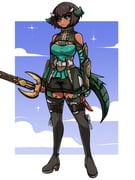 1girl arm_armor armor bare_shoulders black_boots black_hair black_sclera black_shorts blue_background boots border breasts closed_mouth clothing_cutout colored_sclera commentary commission english_commentary full_body green_eyes green_shirt high_heel_boots high_heels highres holding holding_sword holding_weapon horns lizard_tail looking_at_viewer medium_breasts oninuer original outside_border shirt short_hair short_shorts shorts shoulder_cutout solo standing sword tail thigh_boots weapon white_border rating:s score:2 post #10175123