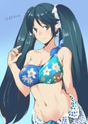 1girl asymmetrical_bikini bikini blue_background blue_bikini blue_eyes blue_hair blue_sarong blush breasts collarbone commentary dated floral_print gradient_background hair_ribbon highres isuzu_(kancolle) isuzu_kai_ni_(kancolle) isuzu_kai_ni_(swimsuit)_(kancolle) kantai_collection lace_ribbon large_breasts long_hair looking_at_viewer navel ribbon sarong single-shoulder_bikini smile solo swimsuit taira_yuuki twintails rating:s score:8 post #9574112