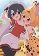 2girls animal_ears animal_print backpack bag black_hair black_pantyhose blonde_hair blush bow bowtie breasts clothes_pull drooling elbow_gloves extra_ears fangs food gloves hat hat_feather heart heart-shaped_pupils helmet high-waist_skirt highres japari_bun kaban_(kemono_friends) kemono_friends large_breasts multiple_girls off_shoulder open_mouth orange_bow orange_bowtie pantyhose pith_helmet print_bow print_bowtie print_gloves print_skirt ransusan red_shirt savannah serval_(kemono_friends) shirt shirt_pull short_hair short_sleeves shorts skirt sleeveless small_breasts smile striped_tail symbol-shaped_pupils tail thighhighs two-tone_bow two-tone_bowtie white_bow white_bowtie rating:s score:9 post #10121308