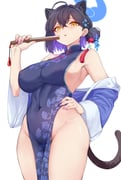 1girl absurdres ahoge animal_ears ankomochi142 black_hair blue_archive blue_dress blue_halo breasts china_dress chinese_clothes colored_inner_hair commentary_request covered_navel covered_nipples cowboy_shot crossed_bangs dress extra_ears eyeliner groin hair_between_eyes hair_bun hair_ornament halo hand_fan hand_on_own_hip highres holding holding_fan impossible_clothes impossible_dress kaguya_(blue_archive) large_breasts looking_at_viewer makeup multicolored_hair nail_polish no_panties panther_ears panther_girl panther_tail parted_lips pelvic_curtain pink_nails purple_hair red_eyeliner sideboob simple_background single_hair_bun solo standing tail tassel tassel_hair_ornament turtleneck turtleneck_dress white_background yellow_eyes rating:q score:61 post #10173338