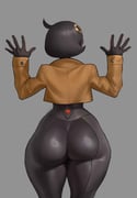 1girl absurdres ass ass_focus black_bodysuit black_hair bodysuit bodysuit_under_clothes brown_jacket emma_(pokemon) facing_away from_behind grey_background hair_ornament highres huge_ass jacket pokemon pokemon_legends:_z-a short_hair simple_background spiralnoww1 thick_thighs thighs rating:s score:8 post #10176781