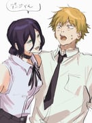 bare_shoulders black_choker black_necktie black_ribbon black_shorts blush breasts chainsaw_man choker collared_shirt green_eyes grenade_pin hair_between_eyes hair_bun hetero highres leaning_forward looking_at_another medium_breasts medium_hair neck_ribbon necktie open_mouth purple_hair reze_(chainsaw_man) rfb_345orororo ribbon sharp_teeth shirt shorts sketch sleeveless sleeveless_shirt smile sweatdrop teeth translated updo white_background white_shirt rating:g score:1 post #10177057