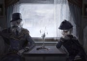 0212tu 2boys alcohol andrew_kreiss andrew_kreiss_(train_conductor) blue_coat coat colored_sclera cross_scar curtains custodian_helmet drinking elbow_on_table fur-trimmed_jacket fur_trim gloves gold_trim gun hair_over_one_eye hand_on_own_face hat helmet highres hip_flask identity_v jacket kepi liquor looking_down looking_to_the_side male_focus military_hat multiple_boys pink_sclera red_eyes revolver scar scar_on_face scenery table vase victor_grantz victor_grantz_(sheriff) weapon white_gloves white_hair wilted_flower window yellow_eyes rating:g score:2 post #10133182