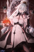1girl azur_lane black_gloves breasts capelet coat_dress colored_eyebrows dress fur_capelet fur_hat gloves hat highres holding long_bangs long_hair mixed-language_commentary solo sovetsky_soyuz_(azur_lane) white_eyes white_hair yokiya841 rating:s score:24 post #10170824