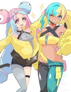 2girls :d aqua_hair aqua_pants bare_shoulders black_mask black_pants black_shorts blonde_hair blue_eyes blue_hair blush bow-shaped_hair breasts canari_(pokemon) character_hair_ornament cleavage collarbone commentary_request criss-cross_halter criss-cross_straps dark-skinned_female dark_skin fake_hair_bun grey_pantyhose grin groin hair_between_eyes hair_ornament halter_shirt halterneck hand_on_own_hip hexagon_print highres iono_(pokemon) jacket long_hair long_sleeves looking_at_viewer mask mask_pull medium_breasts midriff mouth_mask multicolored_hair multiple_girls navel off_shoulder one_eye_closed onihime_takun open_clothes open_jacket open_mouth outstretched_arms oversized_clothes pants pantyhose pantyhose_under_shorts partially_unzipped pink_hair pokemon pokemon_legends:_z-a pokemon_sv sharp_teeth shirt short_shorts short_twintails shorts sidelocks simple_background single_leg_pantyhose sleeves_past_fingers sleeves_past_wrists small_breasts smile sparkle split-color_hair sports_bra standing teeth twintails two-tone_hair two-tone_mask two-tone_pants upper_teeth_only very_long_sleeves watermark white_background yellow_jacket yellow_mask yellow_sports_bra zipper zipper_pull_tab rating:s score:20 post #10168198