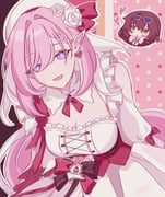 beret blush breadmilqq breasts brown_hair cleavage commentary diamond-shaped_pupils diamond_(shape) dress earrings eden_(honkai_impact) elf elysia_(hi_love_elf)_(honkai_impact) elysia_(honkai_impact) eyewear_on_head gift hat heart heart_earrings highres holding holding_gift honkai_(series) honkai_impact_3rd jewelry large_breasts leaning_forward long_hair multicolored_hair pink_hair pointy_ears purple_eyes smile sunglasses symbol-only_commentary symbol-shaped_pupils two-tone_hair very_long_hair white_dress white_hair rating:s score:5 post #10171871
