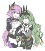 2girls ;o black_dress black_gloves black_shorts black_tiara blue_eyes breasts corset cropped_torso dodou_00 dress earrings elf elysia_(honkai_impact) elysia_(miss_pink_elf)_(honkai_impact) gloves green_hair highres honkai_(series) honkai_impact_3rd jewelry large_breasts long_hair mobius_(honkai_impact) multiple_girls one_eye_closed pink_hair pointy_ears short_shorts shorts simple_background smile spikes tiara very_long_hair white_background white_corset rating:s score:2 post #10175972
