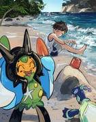 1boy ^_^ assassinookayu barefoot beach black_hair blue_sky blush closed_eyes day fangs florian_(pokemon) highres holding ocean ogerpon ogerpon_(wellspring_mask) open_mouth outdoors pokemon pokemon_(creature) pokemon_sv sand sand_sculpture shorts sitting sky tank_top terapagos terapagos_(normal) tree water rating:g score:3 post #10175677