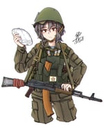 1girl ak-74 aks-74 assault_rifle black_hair bottle brown_eyes cropped_legs gun highres holding holding_bottle kalashnikov_rifle load_bearing_vest magazine_(weapon) military military_combat_uniform military_uniform mmmn540d88 original rifle shirt signature simple_background solo soviet soviet_army ssh-68_combat_helmet striped_clothes striped_shirt telnyashka vdv war_in_afghanistan water_bottle weapon white_background rating:g score:18 post #8820497