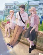 1girl 2boys alternate_universe badeni bag baseball_cap basket black_hair black_hat black_shoes blonde_hair braid breasts brick_wall brown_pantyhose chain-link_fence chi.:_chikyuu_no_undou_ni_tsuite collared_shirt contemporary crossed_bangs dress fanning_self fence food_in_mouth full_body grey_hair grey_shirt grey_shorts hair_between_eyes hair_over_shoulder hairband hat highres hot ice_cream_bar jacket jolenta medium_breasts medium_hair multiple_boys oczy one_eye_closed pantyhose parted_lips ponytail retaining_wall sandals scar scar_on_face scar_on_mouth scar_on_nose shirt shirt_under_shirt shoes short_hair short_ponytail shorts shoulder_bag single_braid sitting sneakers socks sweat syuoutenze t-shirt twitter_username watch white_dress white_hairband white_jacket white_shirt white_socks wristwatch rating:g score:0 post #10176958