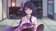 1girl blue_pupils blunt_bangs blurry blurry_background c520gpss chinese_commentary closed_mouth cosplay fan_hair_ornament flower flower_ornament genshin_impact glowing gradient_hair hair_ornament hand_mirror head_tilt highres holding holding_mirror indoors japanese_clothes kimono light_particles light_smile long_hair long_sleeves looking_at_viewer low-tied_long_hair makoto_(genshin_impact) makoto_(genshin_impact)_(cosplay) mirror mole mole_under_eye multicolored_eyes multicolored_hair purple_eyes purple_flower purple_kimono purple_nails raiden_shogun red_sash sash shade sitting solo streaked_hair upper_body wide_sleeves wisteria rating:g score:2 post #10175232