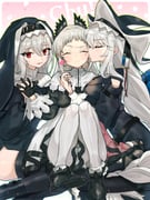 3girls arknights black_boots black_gloves black_hat black_shoes blush boots closed_eyes closed_mouth commentary_request dual_persona facing_viewer front-seamed_legwear gloves hair_between_eyes hand_in_another's_hair hat headscarf heart highres holding_hands interlocked_fingers irene_(arknights) kissing_ear long_hair long_sleeves looking_at_viewer multiple_girls nochatea pantyhose profile red_eyes seamed_legwear shoes specter_(arknights) specter_the_unchained_(arknights) white_hair white_pantyhose yuri rating:s score:2 post #10176368