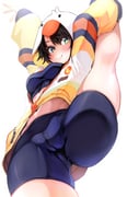 1girl 2girls bike_shorts black_shorts black_tube_top blue_eyes breasts brown_hair cameltoe closed_mouth duck_hood from_below highres hololive hood hoodie kajimakoto leg_up looking_at_viewer medium_breasts multiple_girls oozora_subaru oozora_subaru_(loungewear) shorts smile solo split standing standing_on_one_leg standing_split strapless striped_clothes striped_hoodie tube_top virtual_youtuber white_hoodie yellow_hoodie rating:s score:8 post #10175570