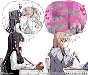 2girls black_hair black_vest blue_eyes blush bridal_veil brown_hair censored_thought commentary_request dress eguchi-san_chi_no_junjou_succubus eguchi_hibiki grey_hoodie heart highres holding holding_pen hood hoodie kudo_eru long_hair meme multiple_girls one_side_up pen pencil_case pointy_ears ponytail red_eyes school_uniform she_versus_he_thought_bubble_(meme) shirt smile translation_request veil vest wedding_dress white_dress white_shirt wife_and_wife yozaki_mia yuri rating:s score:4 post #10174015