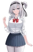 1girl absurdres alternate_breast_size_(larger) alternate_costume beisaku_bei black_headband black_skirt blue_eyes bow bowtie breasts collared_shirt cowboy_shot grey_hair hachimaki hair_between_eyes headband highres kantai_collection long_hair looking_at_viewer miniskirt one_side_up pantyhose pleated_skirt red_bow red_bowtie school_uniform shirt simple_background skirt smile solo standing suzutsuki_(kancolle) white_background white_pantyhose white_shirt rating:s score:5 post #10071910