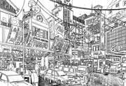 absurdly_detailed_composition absurdres analog_clock building car chinese_commentary clock commentary_request greyscale highres lamppost lineart monochrome motor_vehicle original outdoors people power_lines road scenery shop shopping_district sign street timestamp traditional_media translation_request urban yamaguti rating:g score:0 post #10167411