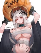 1girl arknights arms_up bandaged_chest bandages black_gloves black_horns blush breasts closed_mouth demon_girl demon_horns earrings from_below gloves highres horns infection_monitor_(arknights) jewelry large_breasts looking_at_viewer material_growth mildt mudrock_(arknights) naked_bandage navel oripathy_lesion_(arknights) pointy_ears pumpkin_mask red_eyes simple_background solo stomach sweat upper_body white_background rating:q score:12 post #10176640