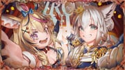 2girls absurdres ahoge animal_ears blonde_hair bow braid breasts crown epaulettes fox_ears fox_girl gloves grin hair_between_eyes hair_ornament hair_over_shoulder hat highres hololive hyde_(tabakko) jester_cap long_hair looking_at_viewer mini_crown multicolored_hair multiple_girls omaru_polka omaru_polka_(1st_costume) open_mouth pink_hair purple_eyes shirakami_fubuki side_braid single_braid smile streaked_hair symbol-shaped_pupils tilted_headwear virtual_youtuber rating:g score:11 post #10164316