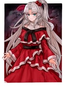 1girl aqua_eyes beads border commentary curtained_hair dress grey_hair hair_beads hair_ornament highres long_hair long_sleeves looking_at_viewer moon no_wings one_side_up red_dress red_moon shinki_(touhou) smile solo tentaizukan touhou touhou_(pc-98) very_long_hair white_border rating:g score:8 post #10173020