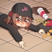 1girl absurdres apu_spills_his_tendies_(meme) black_cardigan black_hat brown_hair cardigan chicken_nuggets closed_mouth dropped_food evil_neuro-sama food french_fries from_above from_side hair_between_eyes hair_ribbon hashtag-only_commentary hat highres lavidi long_hair long_sleeves looking_at_viewer lying meme microphone on_stomach red_eyes red_ribbon ribbon sad solo teardrop two_side_up upper_body vedal_ai rating:g score:3 post #10169944