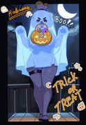 1girl absurdres animal_crossing commentary crescent_moon dog_girl english_text f.b.w furry furry_female ghost halloween highres isabelle_(animal_crossing) jack-o'-lantern looking_at_viewer moon mouth_hold night nipple_piercing nipples outdoors panties piercing see-through_clothes sheet_ghost solo thick_thighs thighs trick_or_treat underwear rating:q score:10 post #10159124