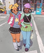2girls absurdres aika_(kiana_mai) beanie black_hair black_tank_top blonde_hair blue_pants dark-skinned_female dark_skin day glasses green_shirt green_skirt grey_hoodie hat highres hood hoodie i_don't_want_to_be_a_magical_girl jacket jesus_aponza multicolored_hair multiple_girls open_clothes open_jacket outdoors pants parking_lot pink_hat pink_jacket pleated_skirt round_eyewear second-party_source shirt shop skirt socks tank_top two-tone_hair vending_machine white_socks zira_(kiana_mai) rating:g score:3 post #10175285